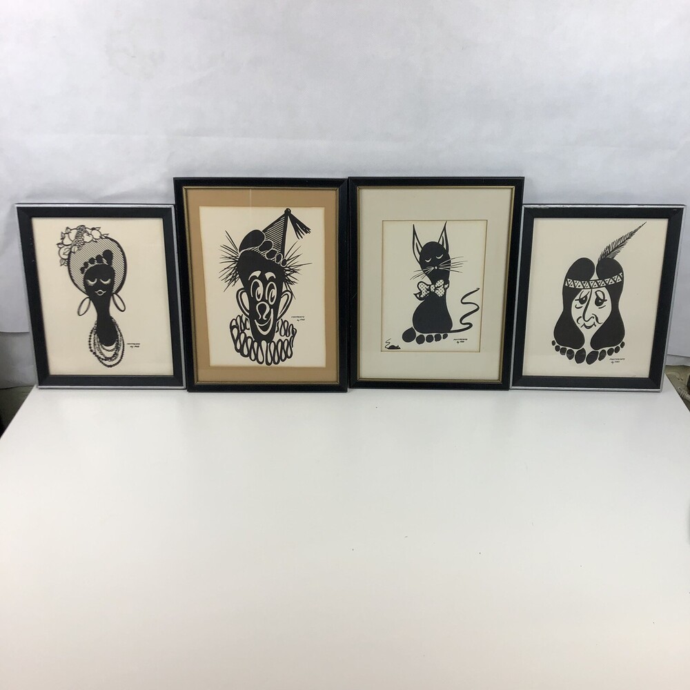 VTG 1970s Mid Century 4pc Set Footprints By FKO Framed Wall Art Clown Cat Native